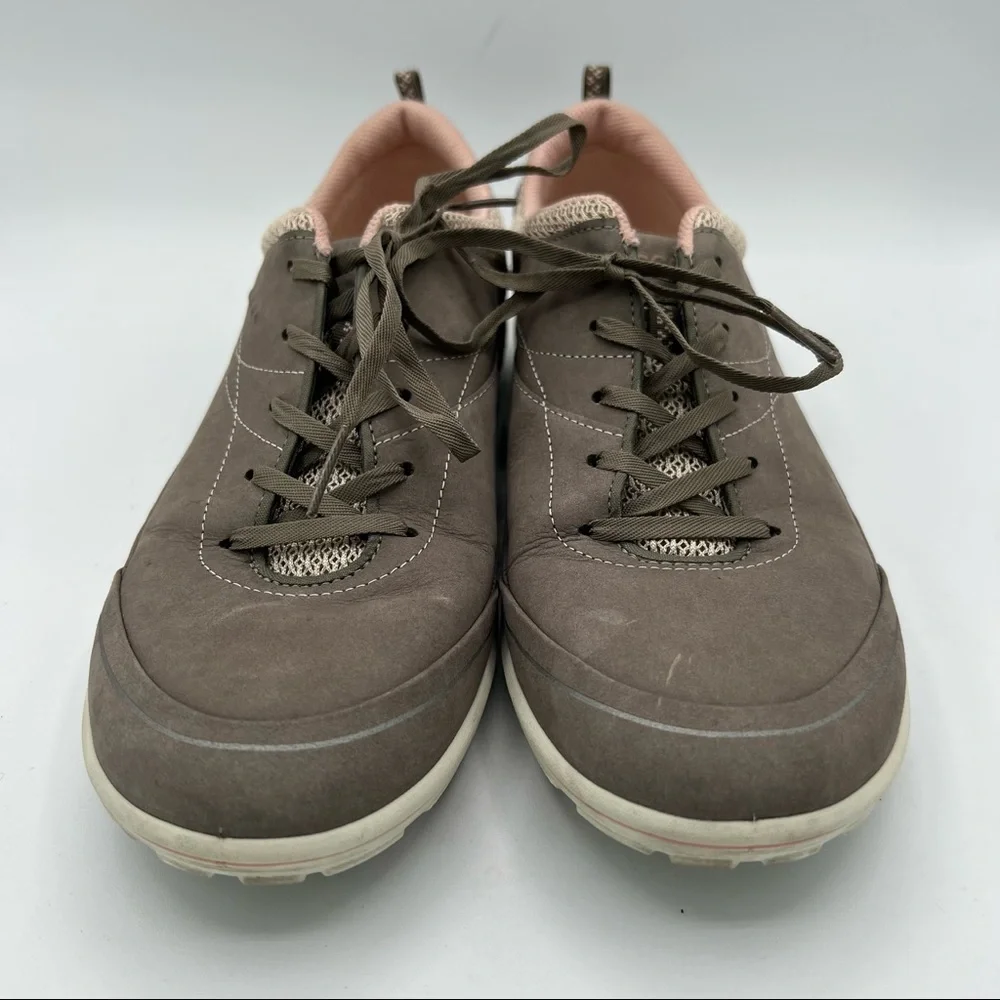 ECCO‎ Women's Casual Sneakers 7 7.5 M 38 Gray Taupe Suede Pink Leather Shoes EUC